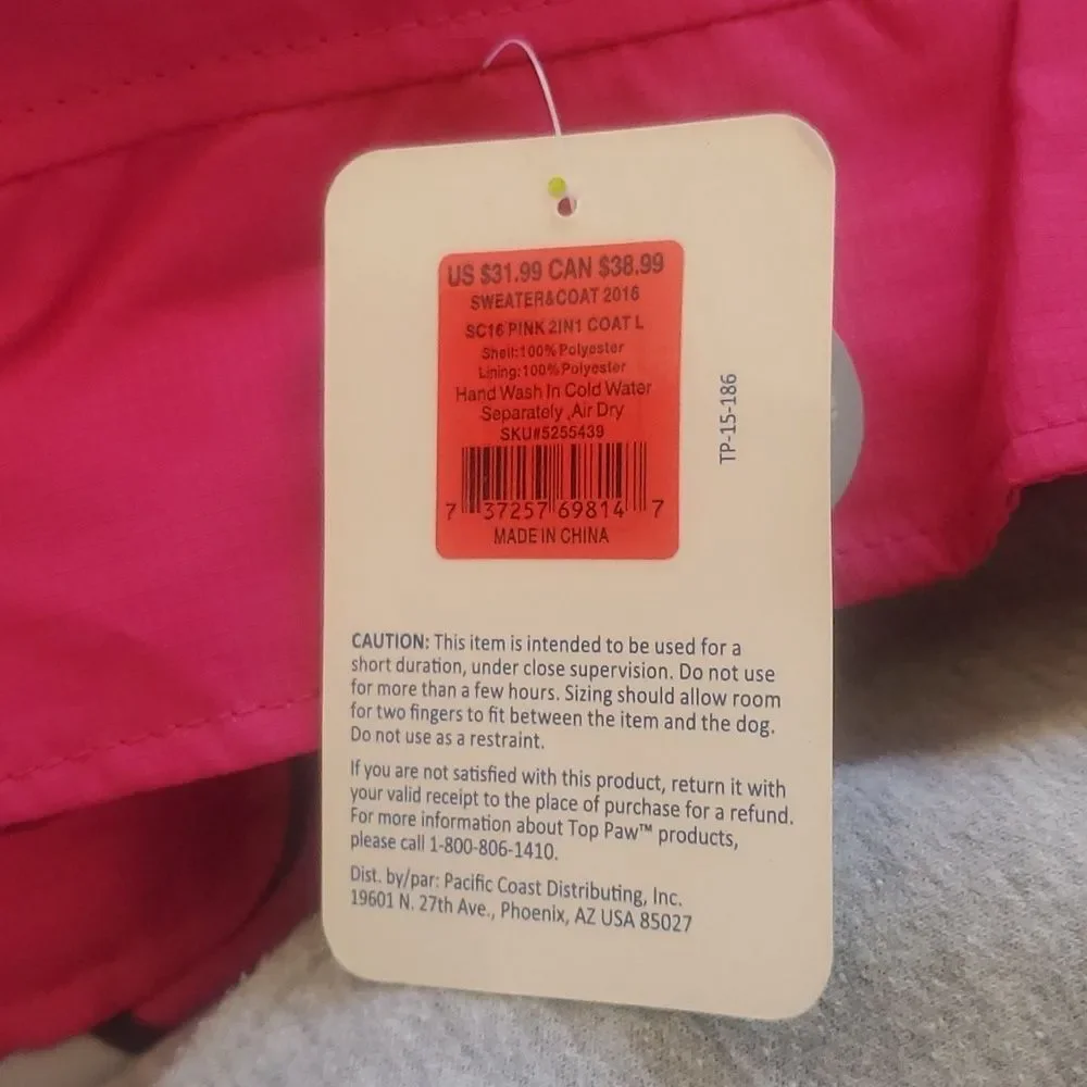 Top Paw Reflective Dog Coat - Pink - Size Large - NWT 🐾